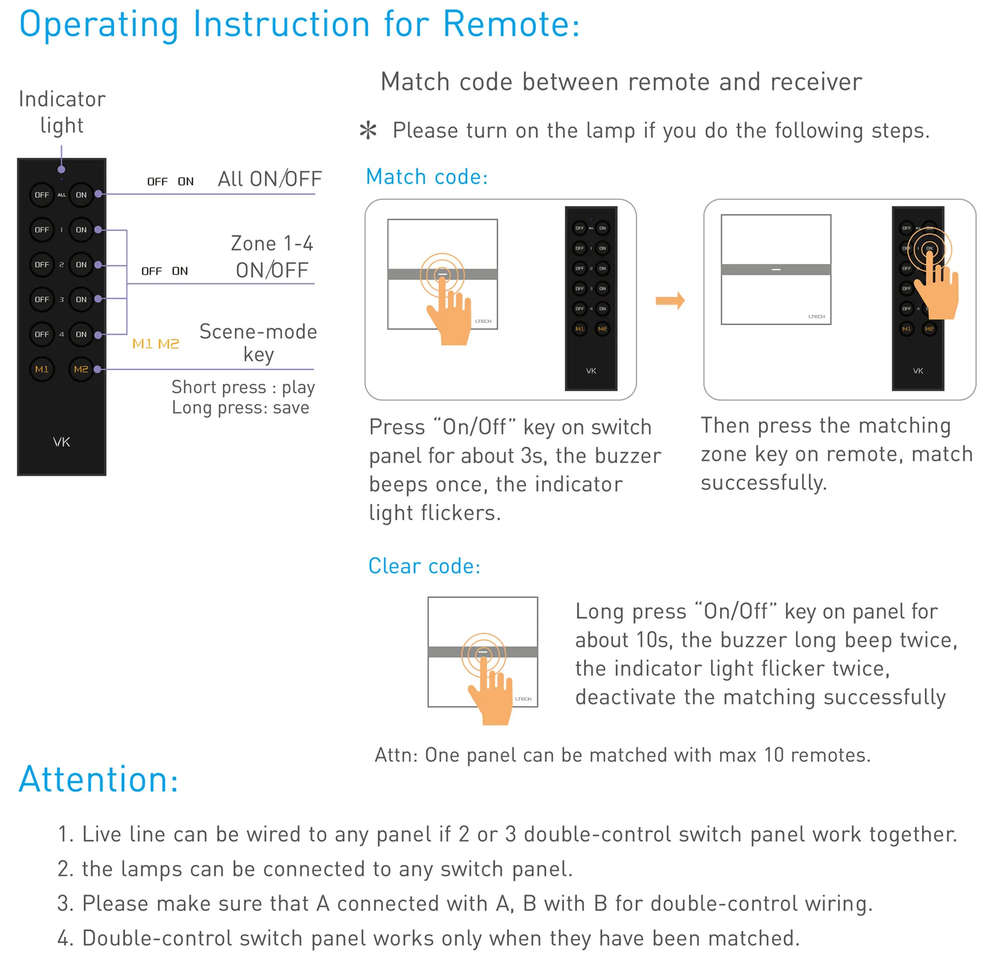 Ltech Programmable Dimming, CT & RGBW RF Remote Control, 2.4GHz RF, CR2032, 20m Range, 3Vdc supply, 4-zone control. RC4-RF-B  LTECH Remote Control